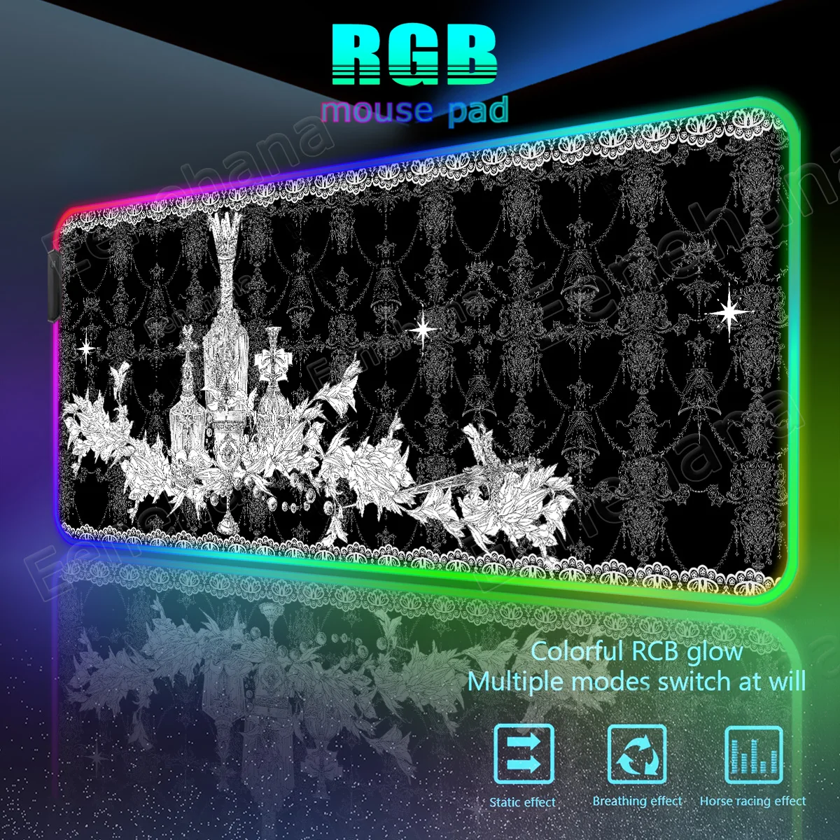 RGB Black & White Dark Style Gothic Mouse Pad Luminescence Rugs PC Gamer Locking Edge Desk Mats Laptop Keyboard Home Accessories