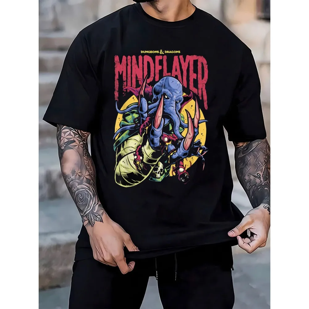 Dungeons & Dragons Mindflayer Logo Camiseta Clássico RPG Jogo Gráfico Impresso Camiseta Masculina Verão Crewneck Algodão Manga Curta