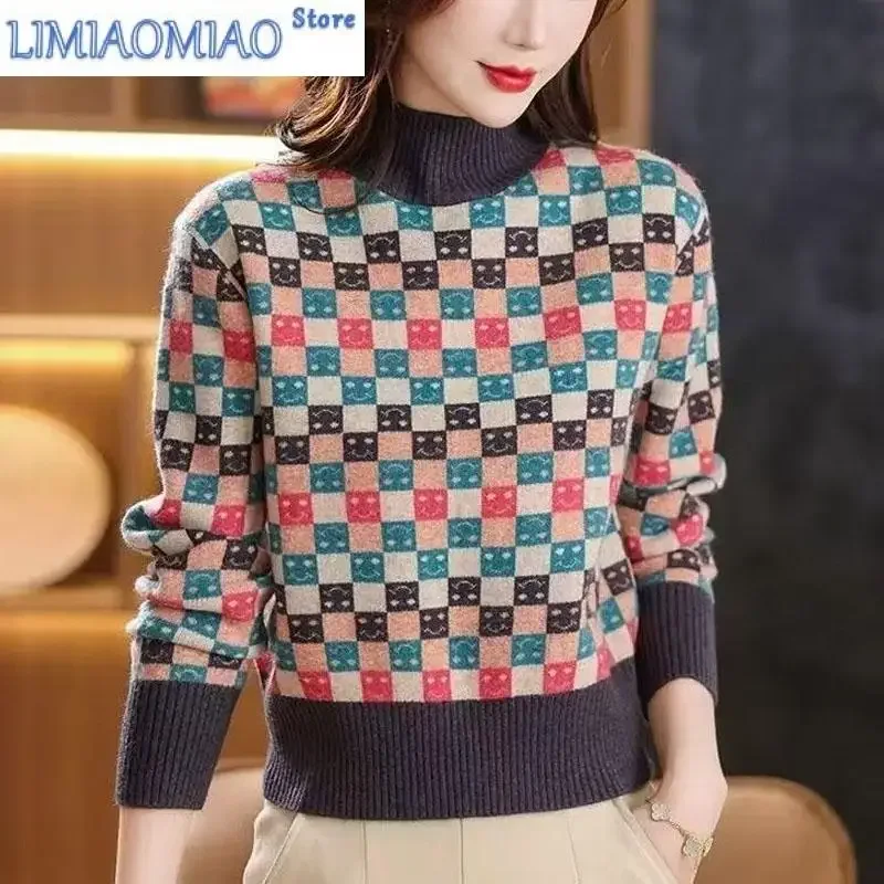 

New Autumn/Winter Fashion Color Block Checker Half High Neck Loose and Versatile Western Commuter Middle Aged Mom's Sweater