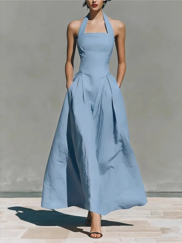 

Fashion New Solid Pockets Long Dresses Woman Sexy Halter Off Shoulder Party Maxi Dress Summer Sleeveless Boho Vacation Dress