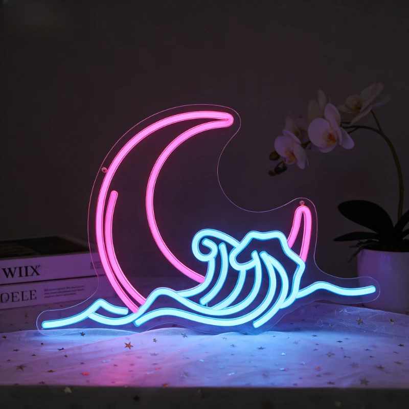

Crescent Moon Wave Neon Sign LED USB Night Light Aesthetic Wall Art Ocean Theme Room Decor for Bedroom Living Room Surfing