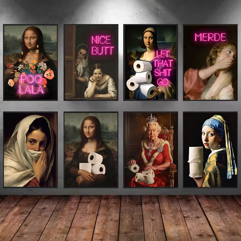 Drôle salle de bain toilette Mona Lisa portant des perles fille avec rouleau papier affiche impression toile peinture mur Art salon décor à la maison