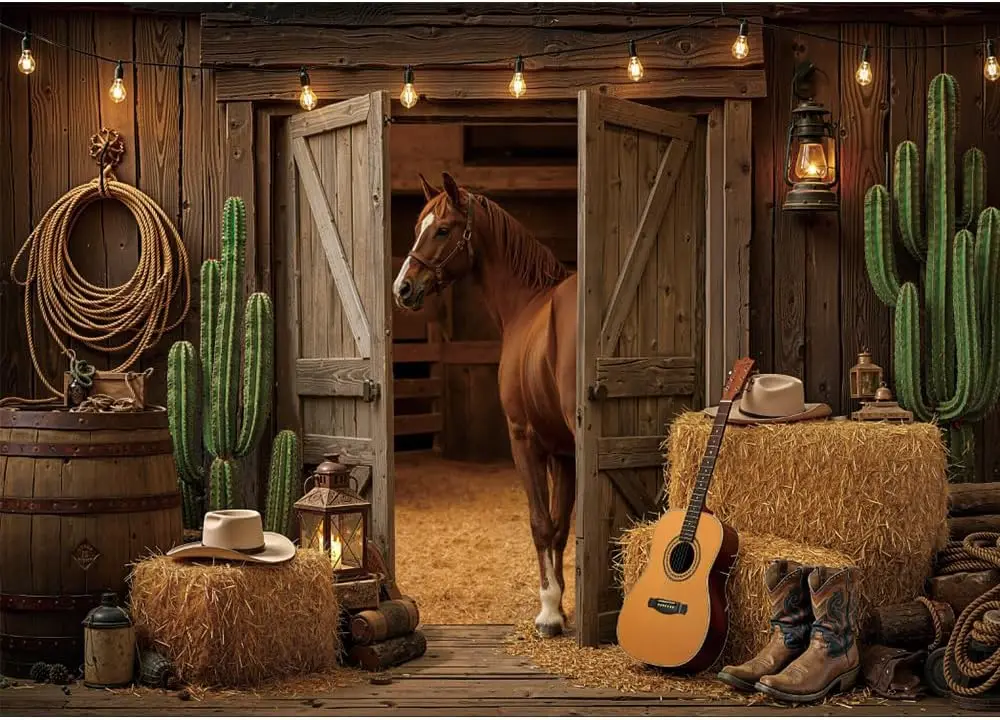 Western Cowboy Horse Stable Backdrop Rustic Barn Cactus Hay Guitar Boots Wild West Rodeo Party Photography Background Decor