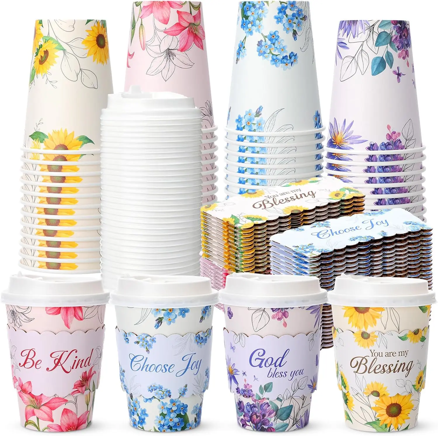 

48 Pack Easter Pretty Disposable Floral Coffee Cups with Lids & Sleeves 12 oz Christian Scripture Paper Cups Bible Verse