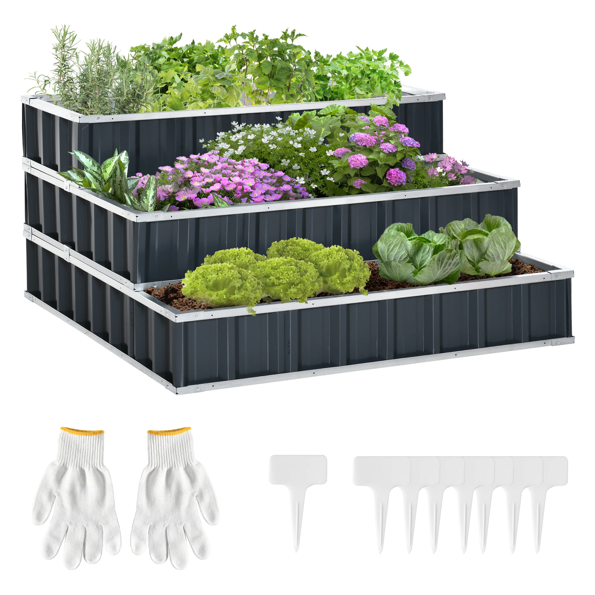 lit de jardin à 3 étages en acier avec tableau de plantes en forme de T Gants lit de plantes à herbes escalier de fleurs pour balcon jardin gris foncé 118 x 118 x 62 cm