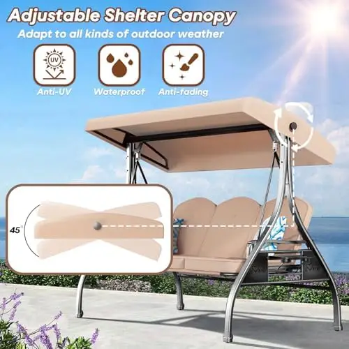 3 Seat Outdoor Porch Patio Swing with Stand 800lbs 2-in-1 Convertible Swing Bed with Adjustable Canopy & Removable