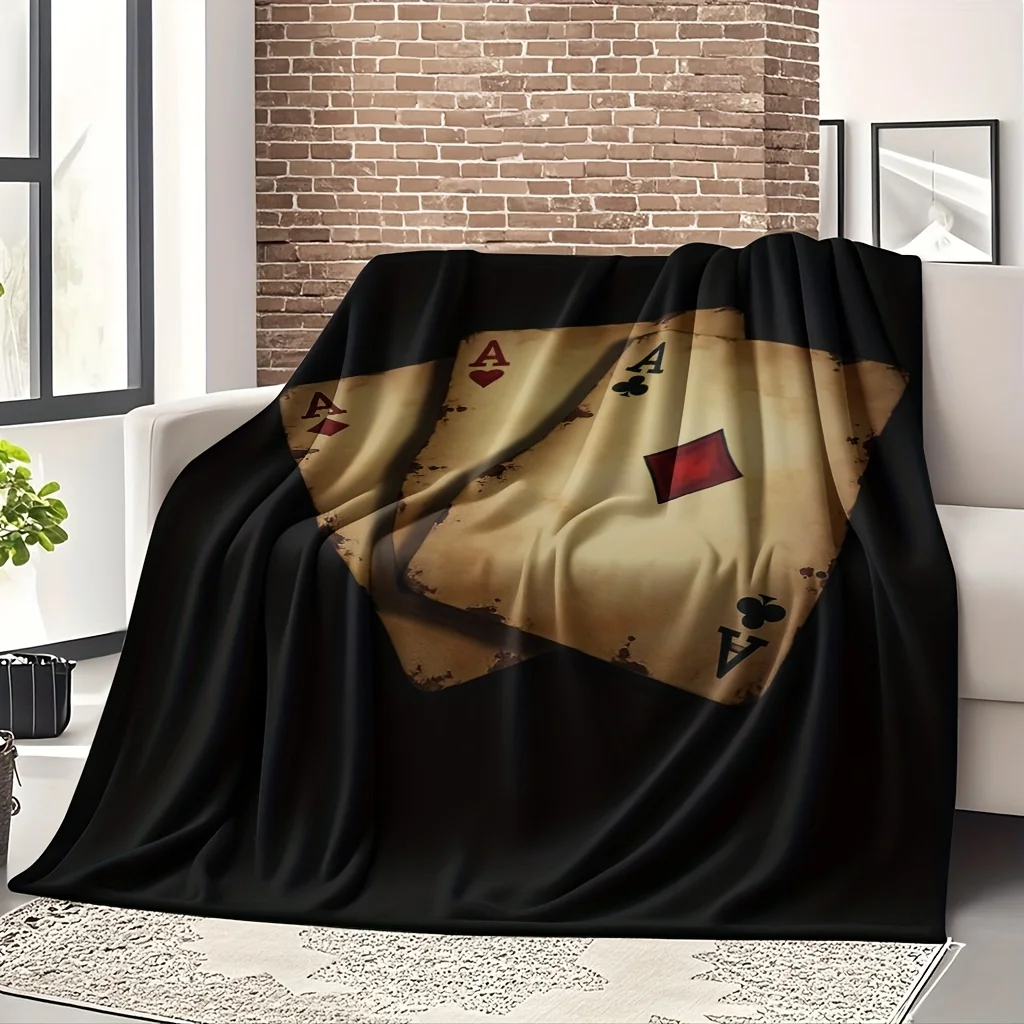 Solid Black Background Antique Worn Ace Heart Diamond Club Poker Cards Game Full Print Fluffy Blanket Warm Couch Cover Gift