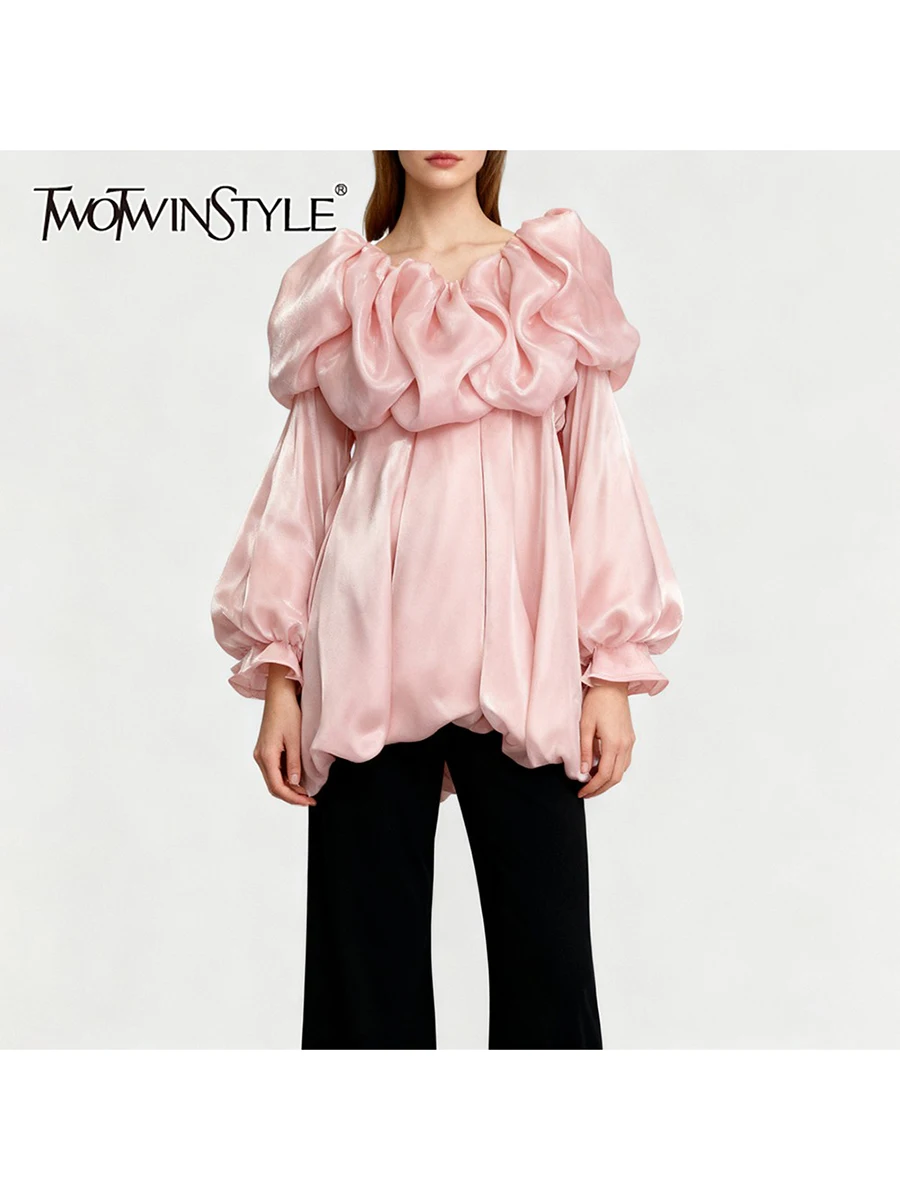 

TWOTWINSTYLE Sold Loose Spliced Fungus Folds Fashion Blouses for Women Round Neck Long Sleeves Elegant Blouse Female Autumn New