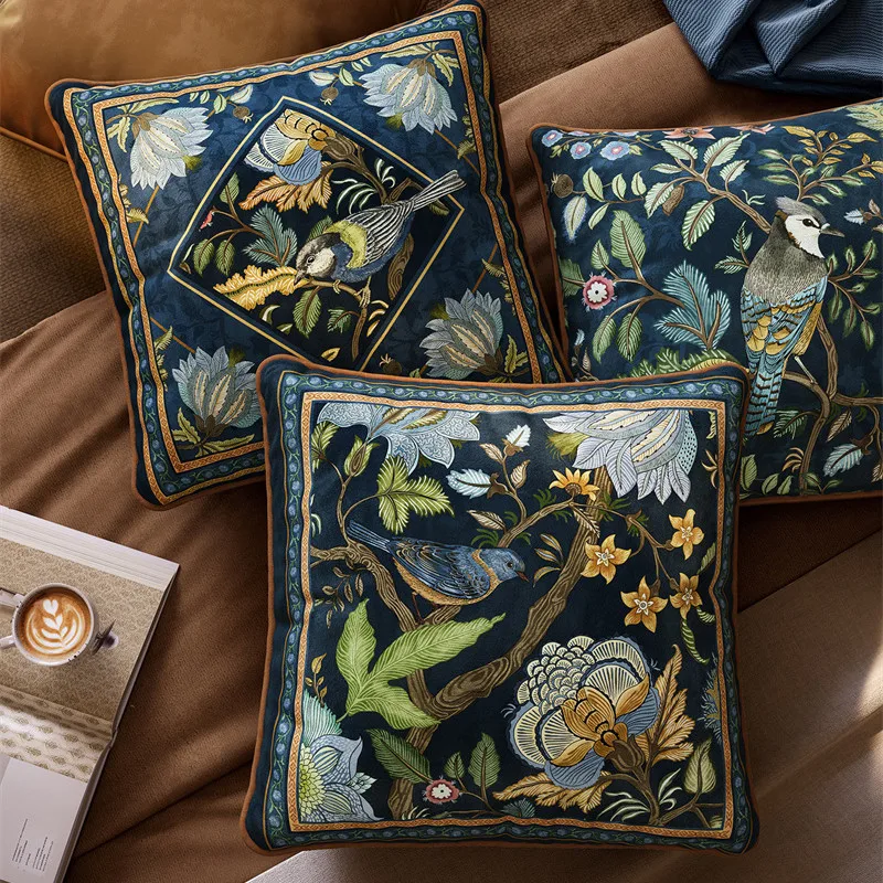 45x45cm Vintage Bird Floral Velvet Pillow Cover Luxury Dark Blue William Morris Style Cushion Cover Soft Plush Throw Pillow Case