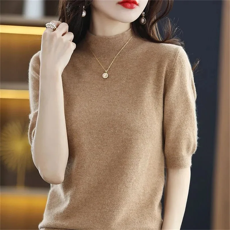 Spring Summer Women Sweaters Short Sleeves O-neck Bottoming Shirt Knitwear 2023 Camel Pullovers Sweater Korean Jumpers