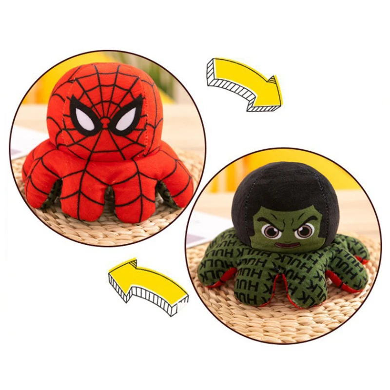 20cm Marvel Legends Reversible Figure Plush Toys Soft Double-Sided Spiderman Iron Man Hulk Kawaii Stuffed Doll Happy Kids Gifts