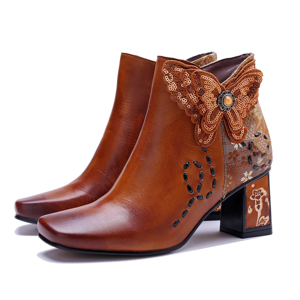 

Ladies' Hand-painted Genuine Leather Side Zipper Comfortable Chunk-heeled Ankle Boots for Autumn and Winter 2025