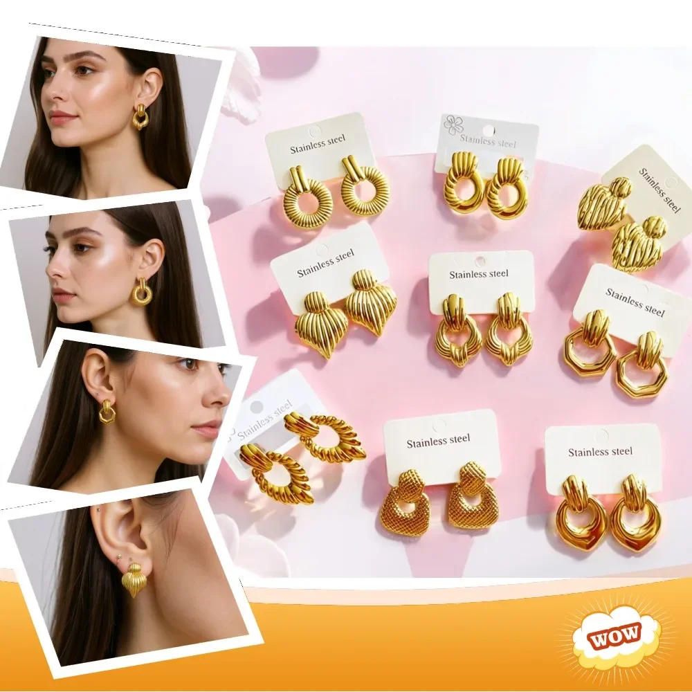 Trendy Personality  Irregular Geometric Heart Shaped Drop Stud Earrings 18 K Gold Plated Stainless Steel Earrings for Woman