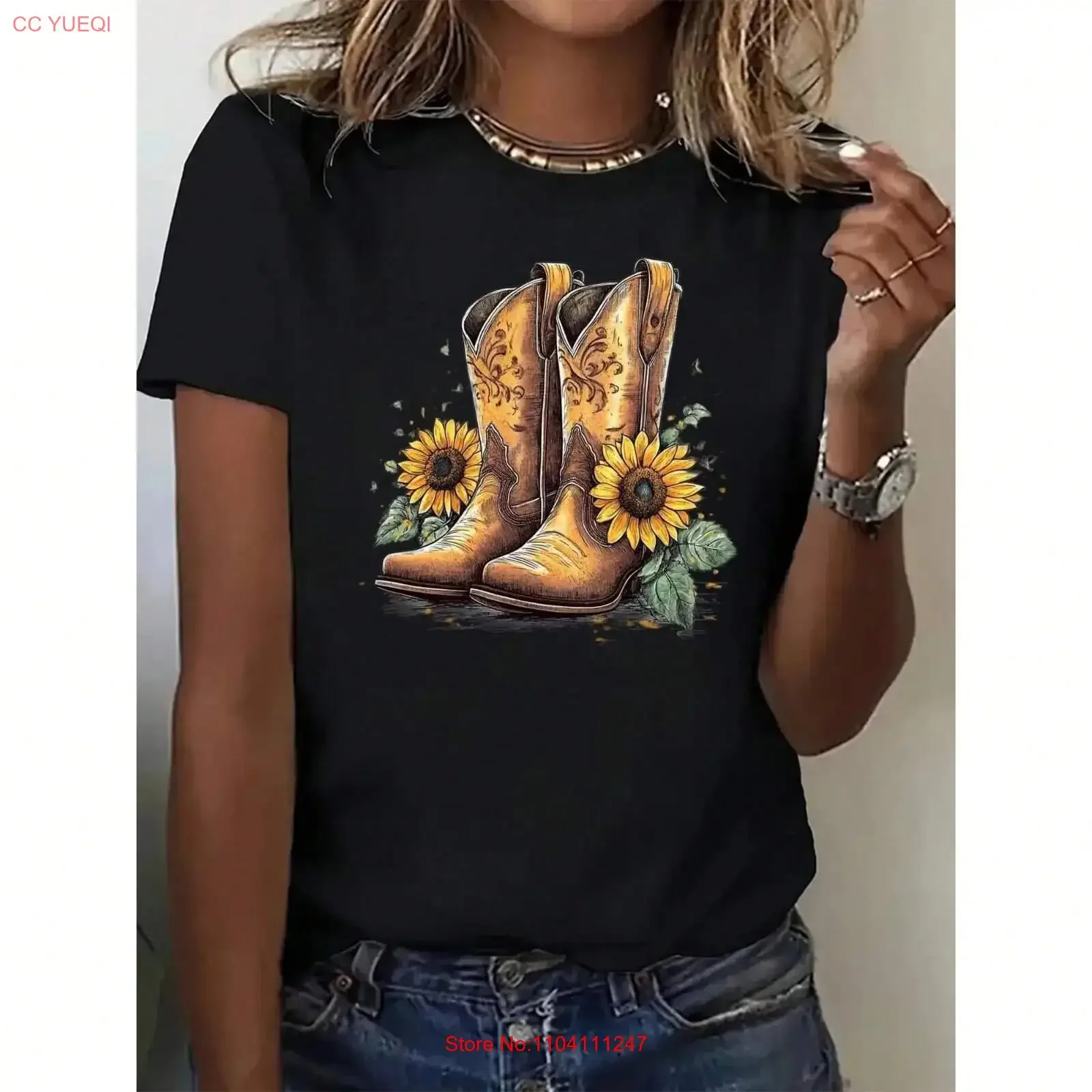 Women's Lightweight Crew Neck T Shirt Casual Sunflower Cowboy Boot  vintage Washed fashion Stylish Slightly Versatile