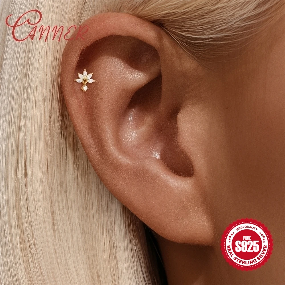 CANNER 925 Sterling Silver Crown Tassel Horse Eye Inlaid Diamond Thread Flat Head Piercing Ear Bone Nail Flowers Women Earrings