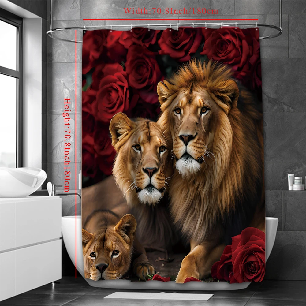 Valentine\'s Day Flower Animal Lion Rose Bathing Curtain  Bathroom Shower Curtain Waterproof With 12 Hooks Home Deco Free Ship