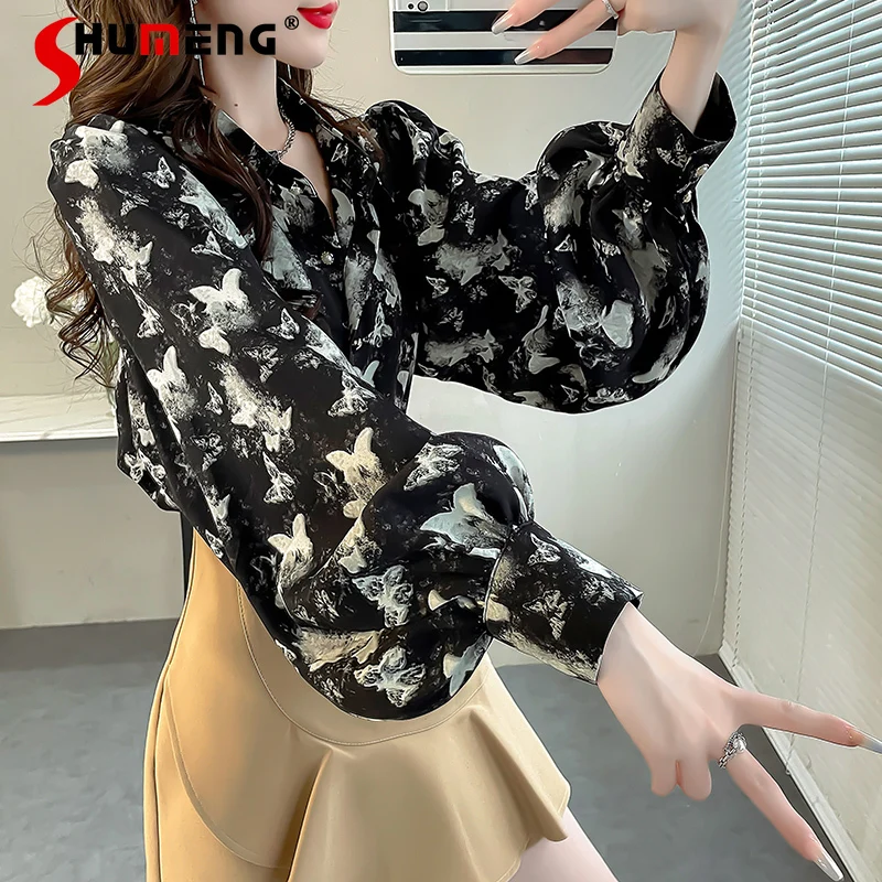 

2023 Autumn New Design Sense Elegant Loose Lantern Sleeve Blusas Niche Butterfly Print Shirts Women's Younger Chiffon Blouse Top