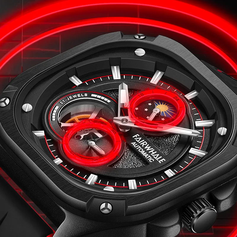 Mark Fairwhale Fashion Automatic Tourbillon Watch for Men Sports Silicone Waterproof Luminous Clock Luxury Mechanical Wristwatch