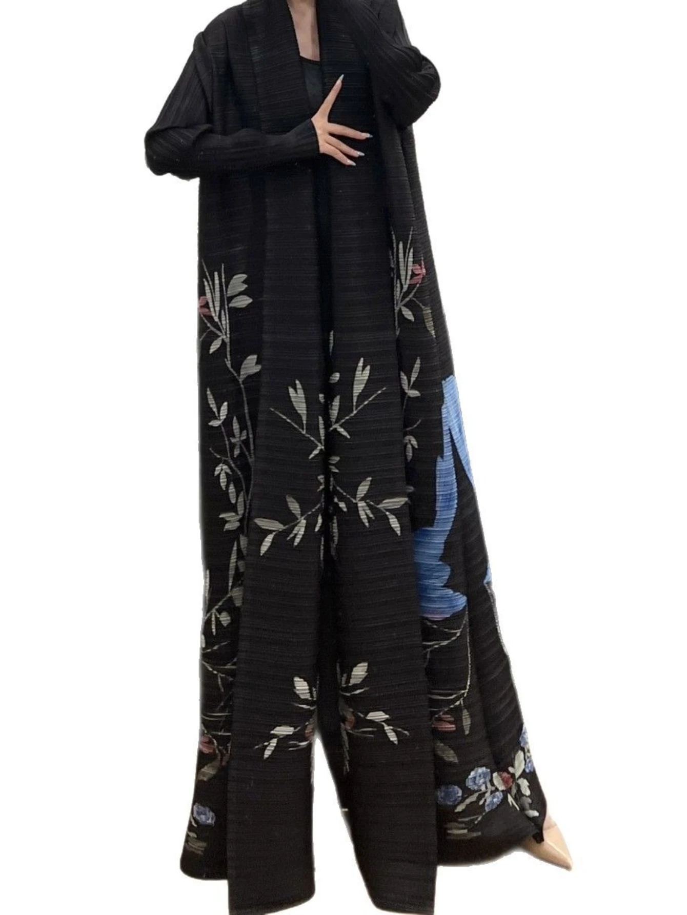 Miyake plissé Abaya Trench Cardigans imprimé à manches longues col rabattu robe femmes 2025 Original concepteur Caftan longs manteaux