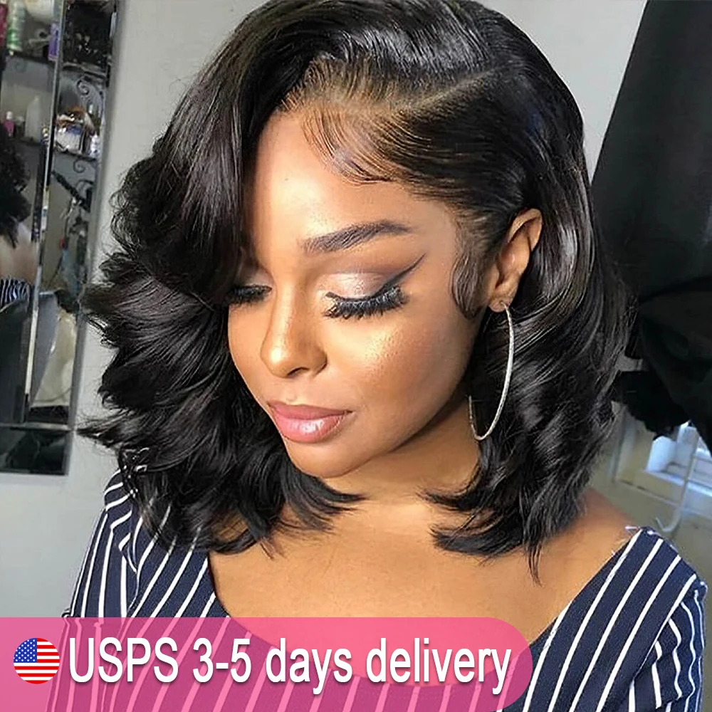10A 200% الكثافة بوب الباروكات للنساء خصلات الشعر المستعار الإنسان مع شعر الطفل الطبيعي الأسود بوب شعر مستعار شعر الإنسان قبل قطعها 13x1 الجسم موجة