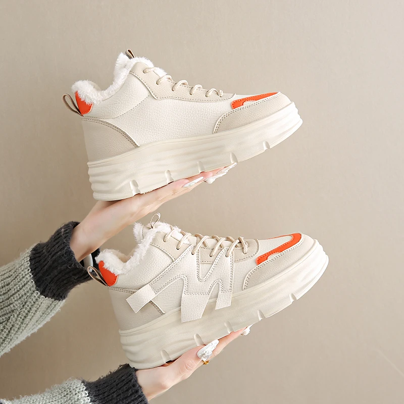2025 الشتاء الدانتيل متابعة سميكة القاع أحذية فلكنيز امرأة بولي Leather الجلود الدفء أحذية رياضية السيدات منصة بيضاء أحذية رياضية نسائية #5