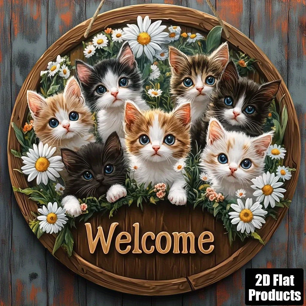 2D flat, 1pc, round wooden decorative sign with a rustic cat welcome theme, suitable for bar kitchen cafe home living room offic 2D flat, 1pc, round wooden decorative sign with a rustic cat welcome theme, suitable for bar kitchen cafe home living room offic