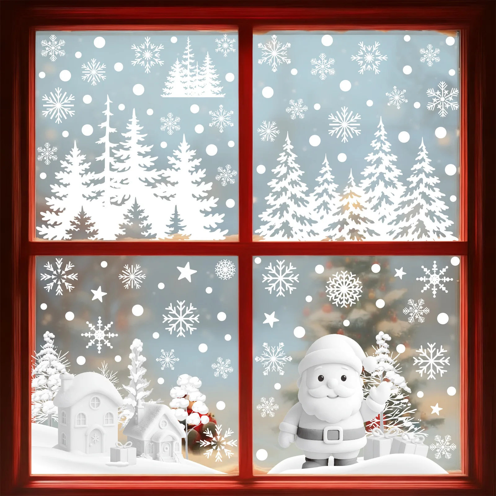 Christmas Static Window Stickers, White Snowflake & Snowman Glass Decals, Mall Shop Window Scene Decorations