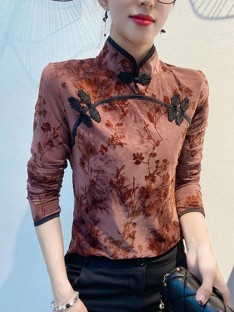 Chinese style retro button up top women standing collar shirt long sleeve base shirt