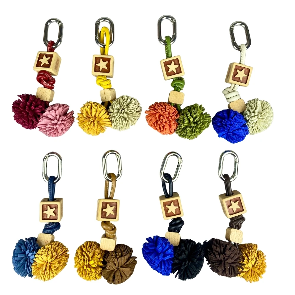 

Hand-Woven Leather Tassel Ball Keychains, 8 Colors with Wooden Beads - Unique Two-Tone Set-Ideal For Bag Accessory/Gift