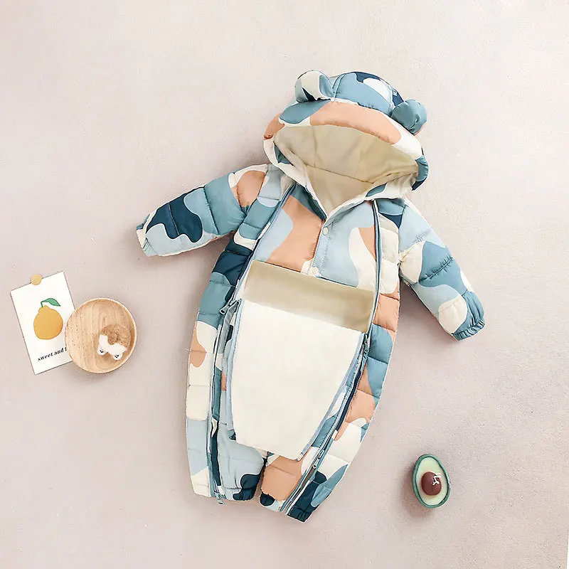 Autumn Winter Baby Boy Snowsuit Full Printed Hooded Plus Velvet Toddler Boy Jumpsuit 0-2 Years Newborn  Girl Overalls Romper