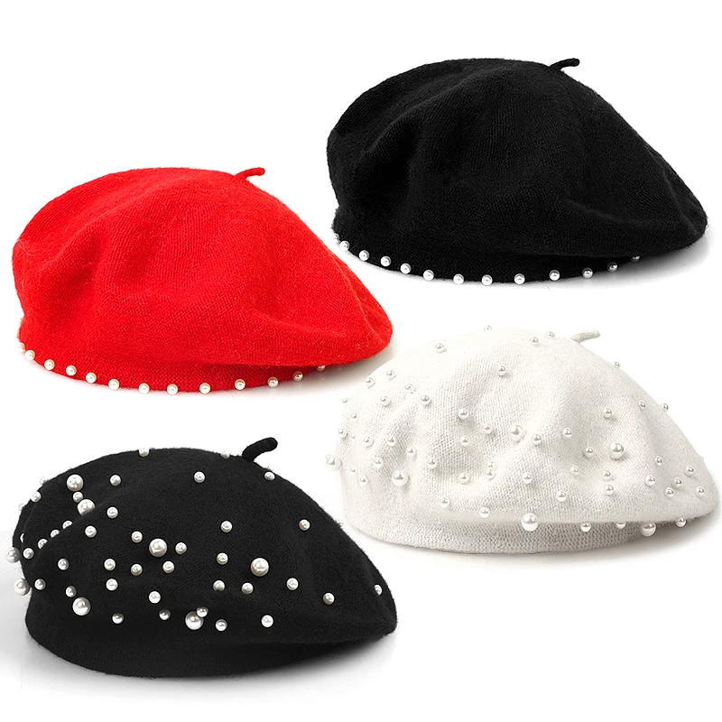 Woman Autumn Winter French Rhinestone Pearls Wool Berets for Female French Artist Wool Cap Retro Hat Solid Color Lady Caps