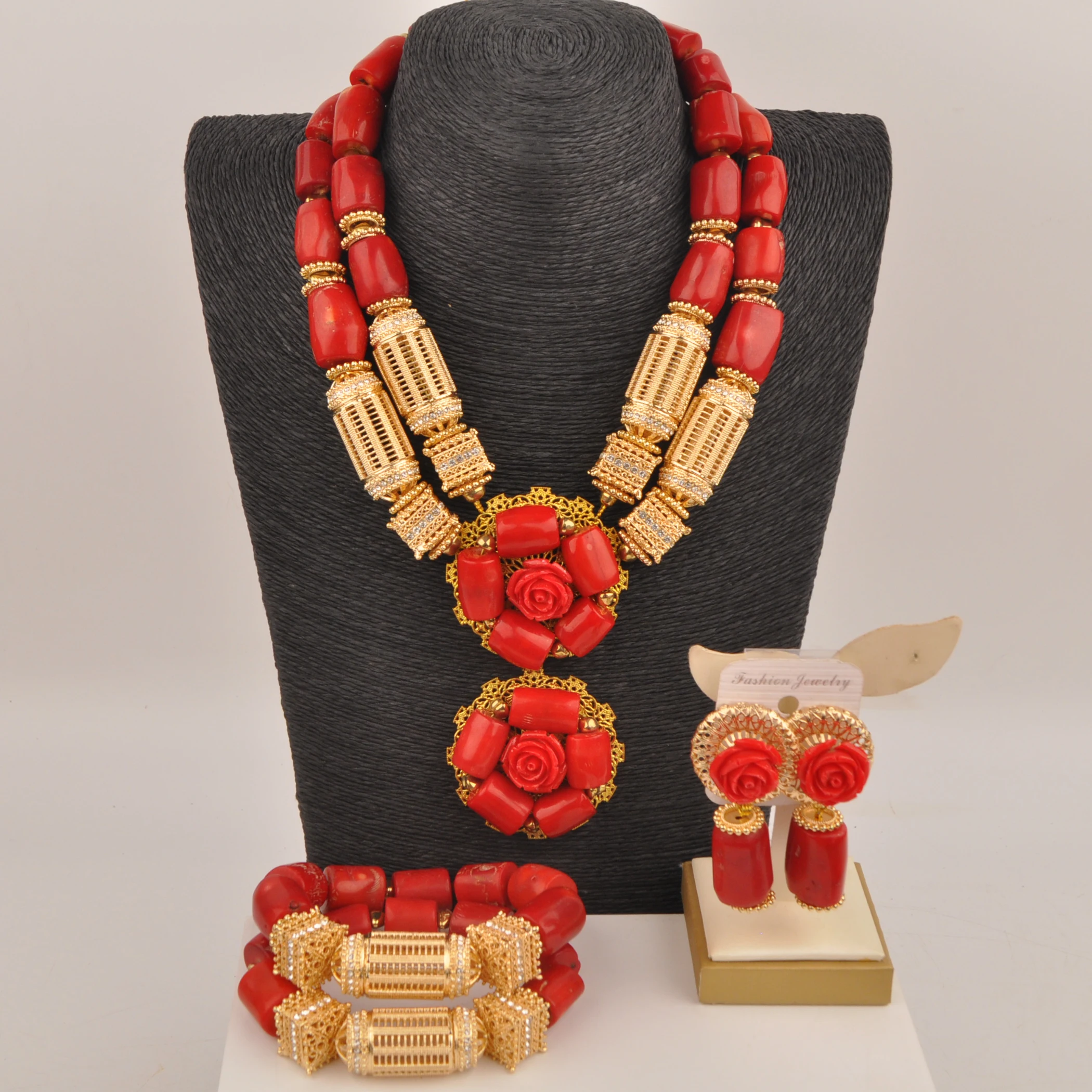 Nigerian Wedding Bride Necklaces Real Red Coral Bead African Jewelry Set