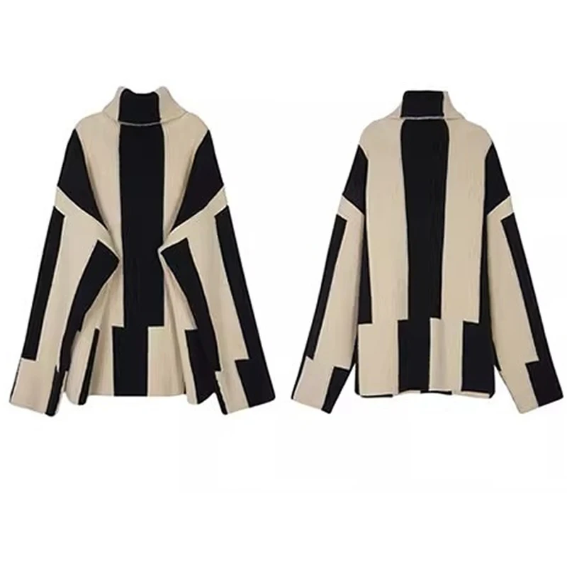 Women Turtleneck Vertical Stripe Pattern Textured Color Block Drop Shoulder  Loose Sweater,Long Sleeve Tops