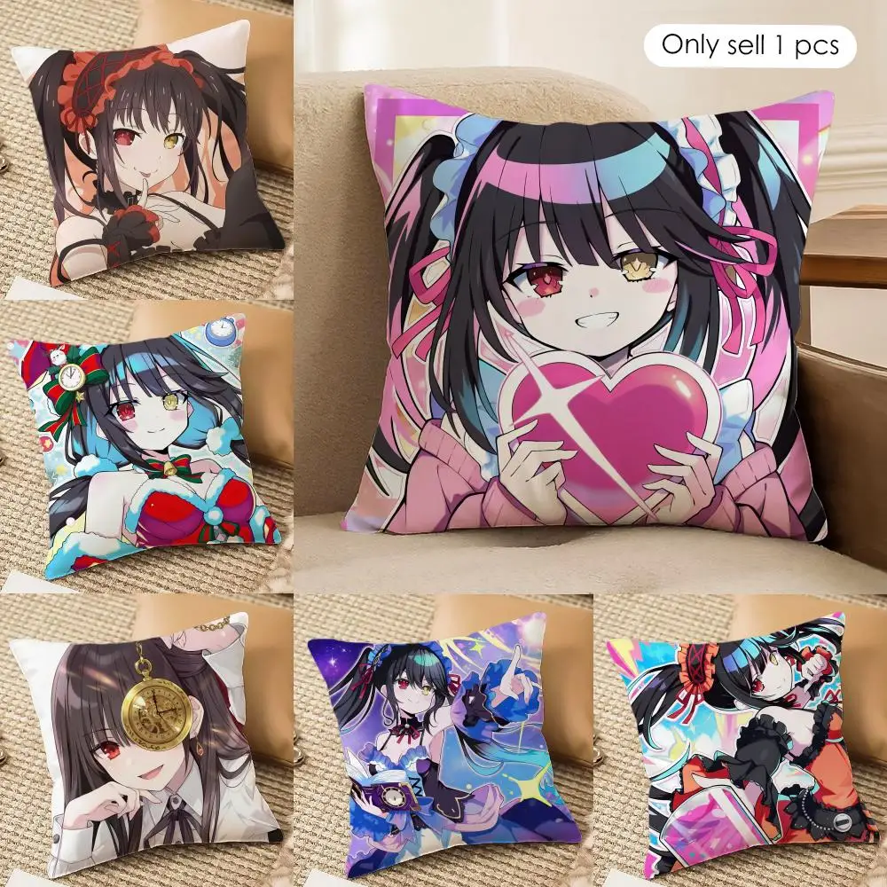 T-Tokisaki Kurumi Anime Cushion Cover Silky Short Plush Invisible Zipper Dustproof Sofa Pillow Case For Home Decor