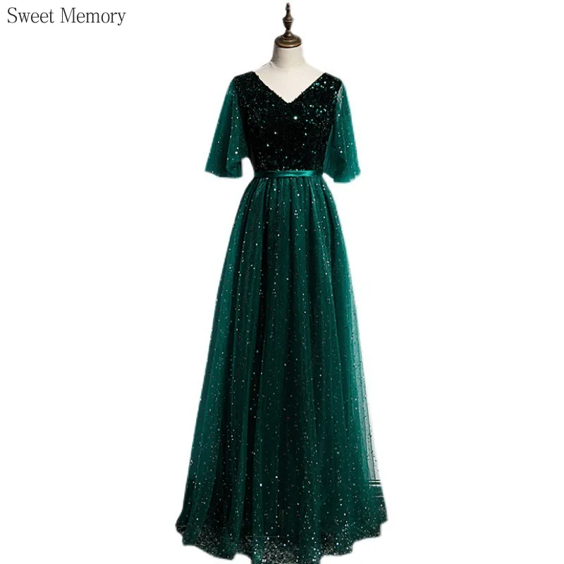 

N1145 Модные женские зеленые темно-синие вечерние платья Одежда Sweet Memory длиной до пола с v-образным вырезом сетчатое тюлевое платье для выпускного вечера подружки невесты
