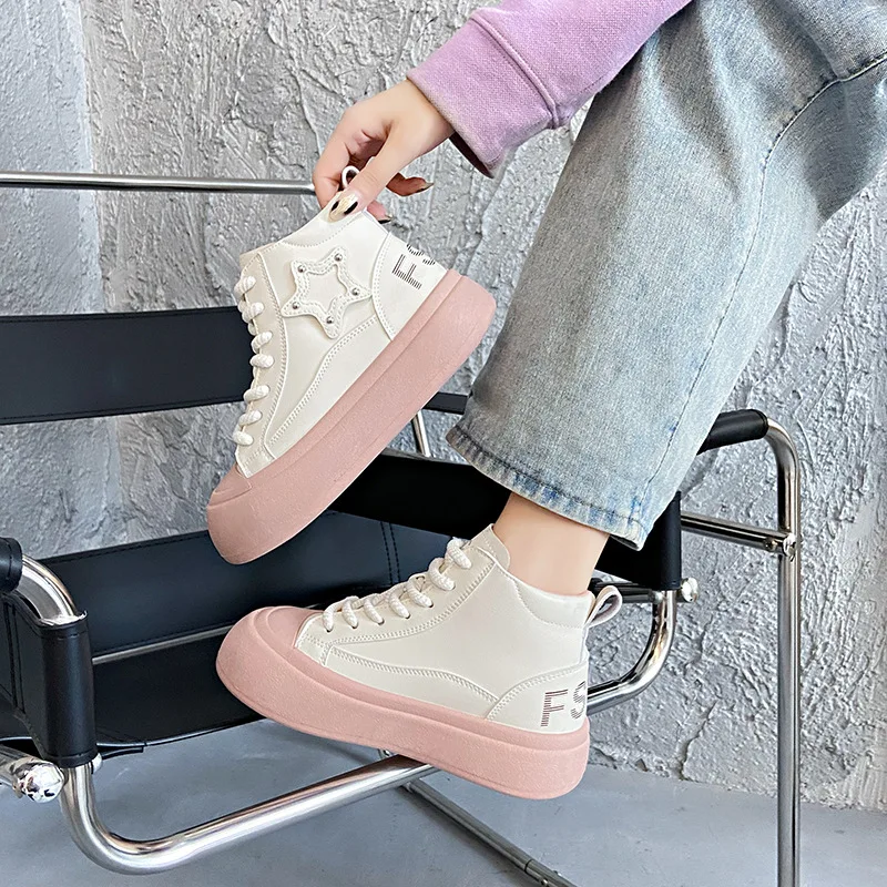 2024 Spring Lace Up Sneakers Women Thick Sole High Top Sports Shoes Lady Fashion Korean Version Lightweight Elevated Casual Shoe