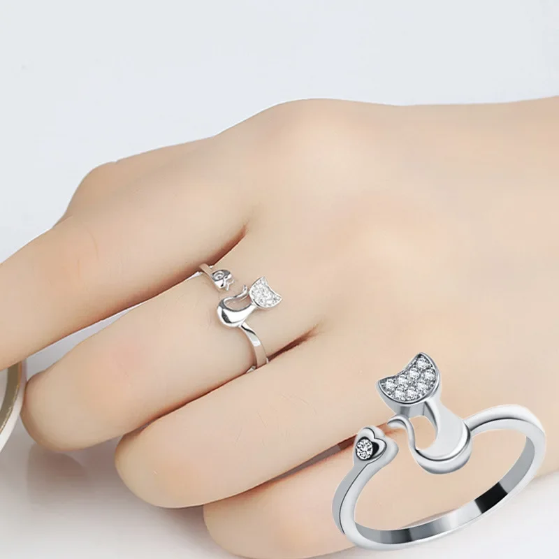 Cute Cat Ring Charm Crystal Finger Ring Open Design Fashion Adjustable Ring for Women Young Girl Child Party Jewelry Gift