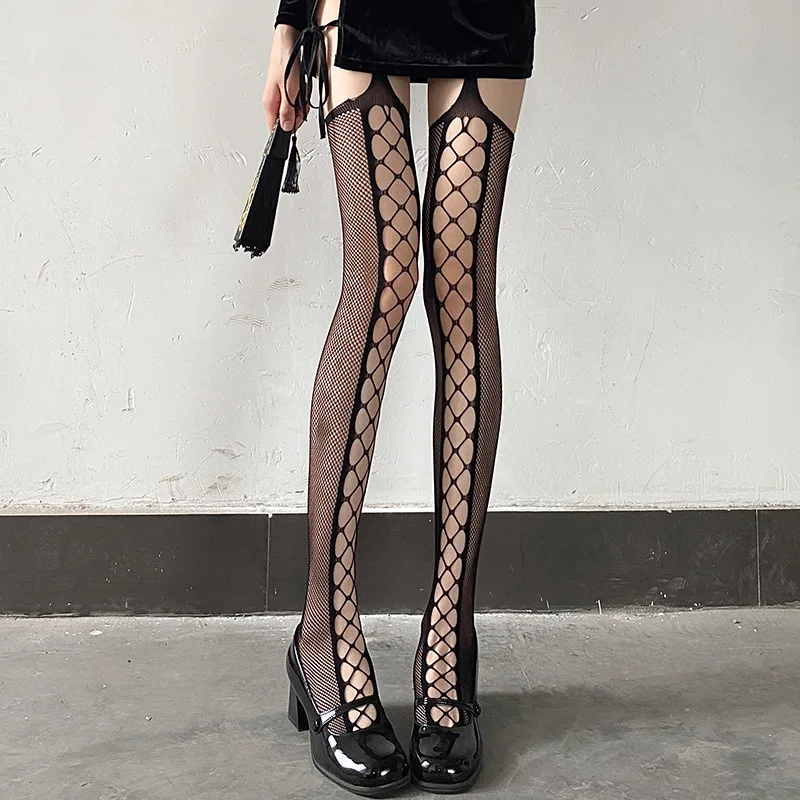 Hollow Cross Lines Suspender Stockings Women Hollow Sexy Black Socks Woman 0D Internet Celebrity Summer Thin Passion Stockings