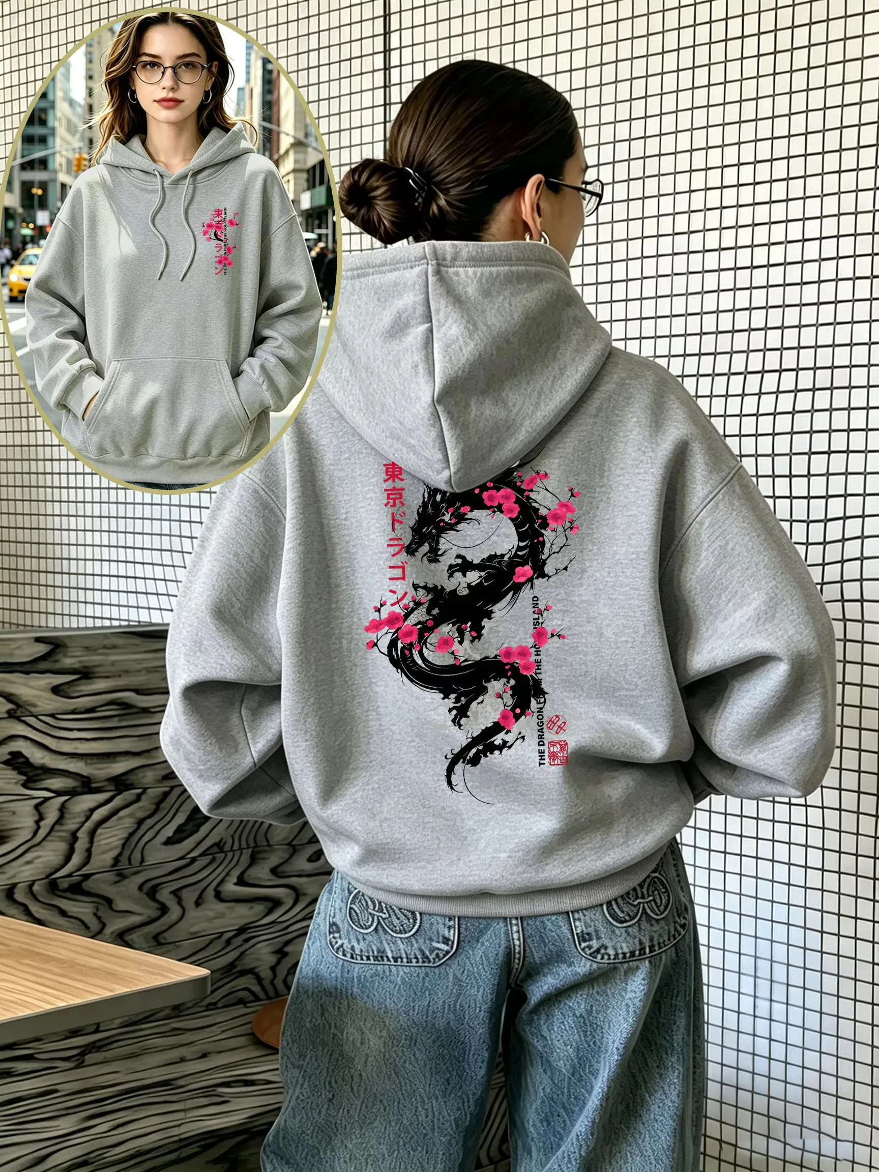 Women Men Japanese Dragon Cherry Blossom Hoodie Hooded Sweatshirt Loose Long Sleeve Pullover Casual Streetwear Fall Winter Tops