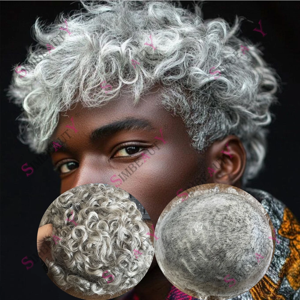 

20MM Curly 1B80 White Silver Grey 100% Human Hair Super Durable Full PU Male Toupee Brown Black Men's Capillary Prosthesi System