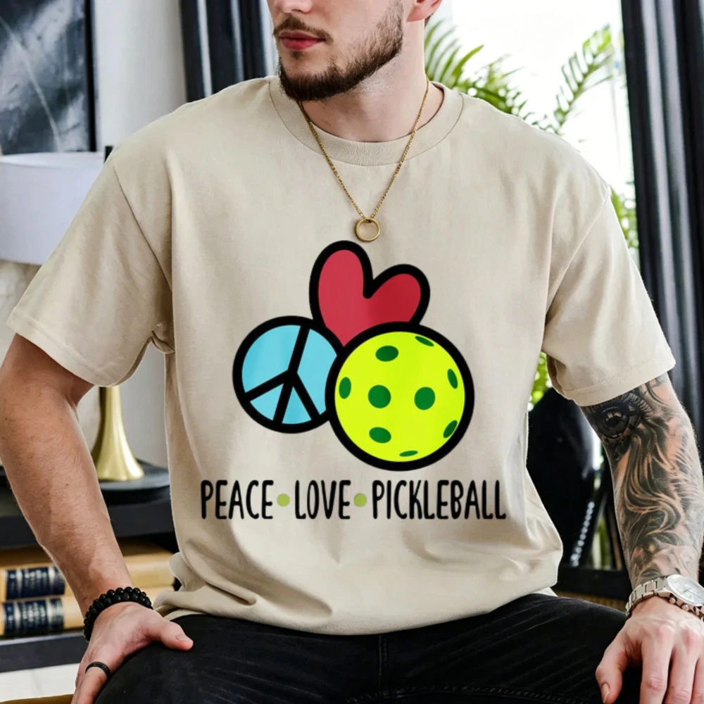 Peace Love Pickleball Peace Sign Heart Yellow Ball Graphic Tee Unisex Cotton T Shirt Casual Outdoor Sports Lover Women Gift Tops