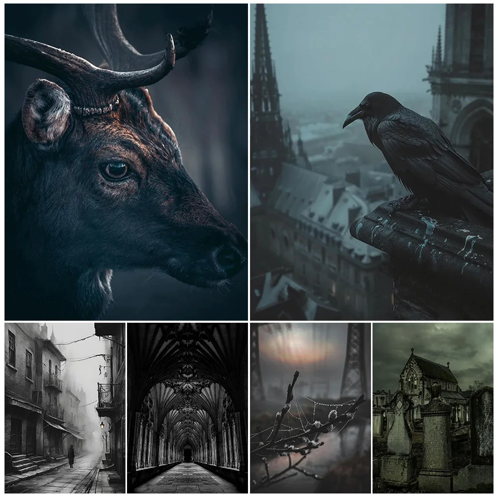 Haunted House & Abandoned House,Vintage Wall Art Canvas Painting,Crows,Monsters,Horror Amusement Park,Art Poster And Print Decor