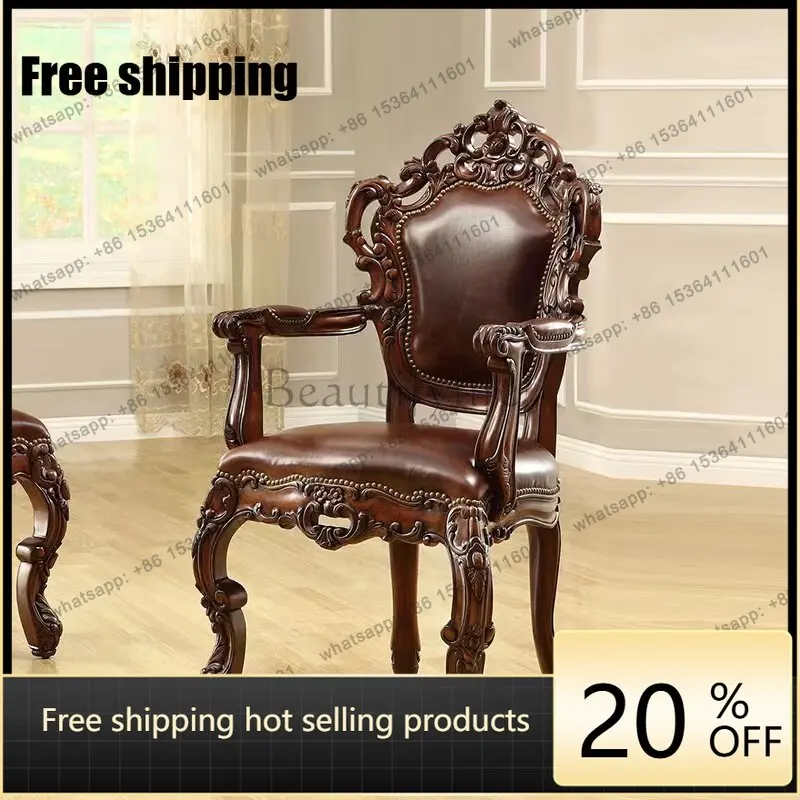 

XX. European solid wood leather leisure chair European home backrest with armrest dining chair