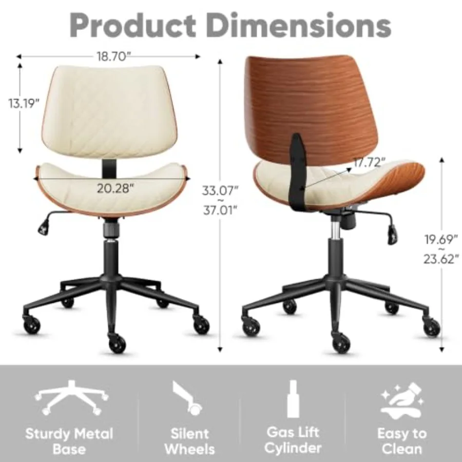 Home office armless chair with silent rubber wheels, mid-century modern design, black leather, adjustable height and swivel fun