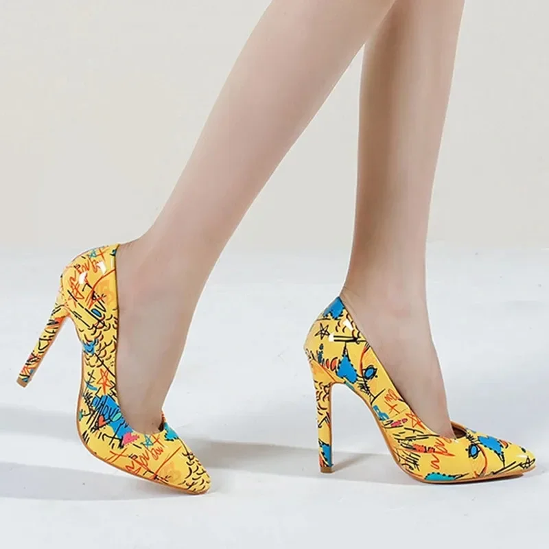 MVVJKE Women Pumps High Heels Pointed Toe Ladies Shoes Fashion Office Pu Thin Heels Painted Graffiti Female Slip On Shoes