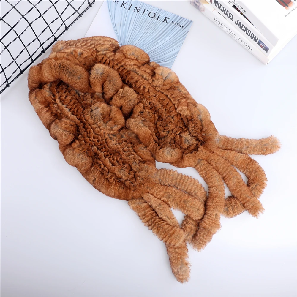 Winter Women\'s Warm Genuine Real Rex Rabbit Fur Knitted Scarf Scarfs Lady Scarves Wraps Snood Fashion Tassels stringy selvedge