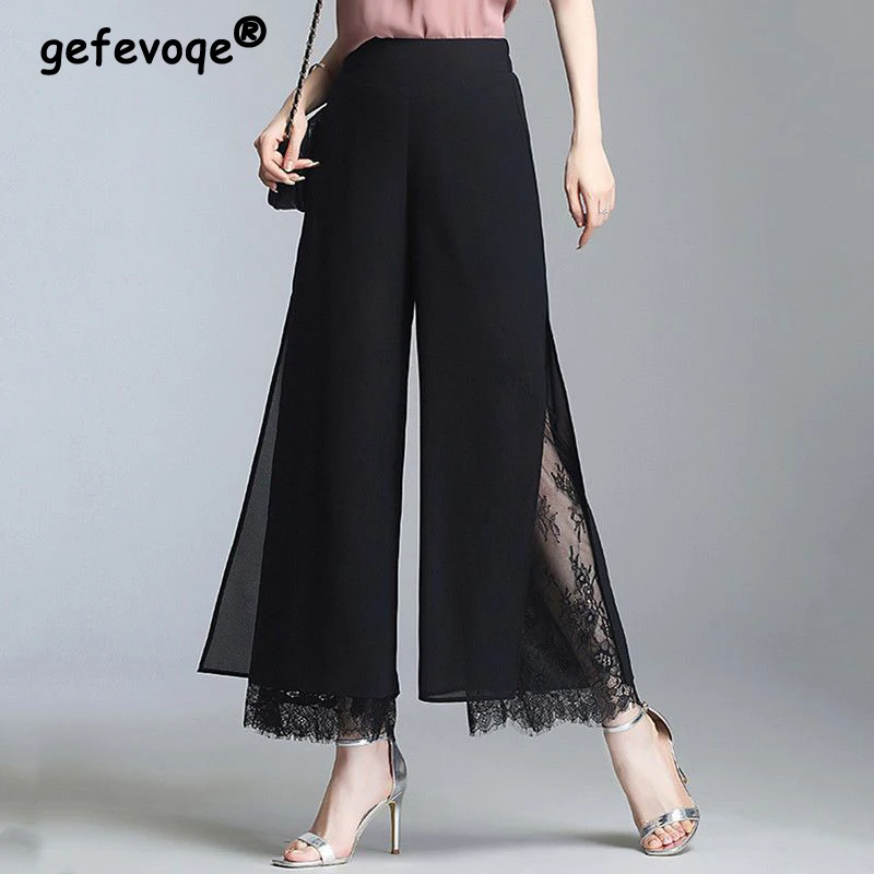 Women Split Lace Patchwork Elegant Straight Wide Leg Cropped Trousers Female Summer Black Loose High Waist Thin Pants Pantalones