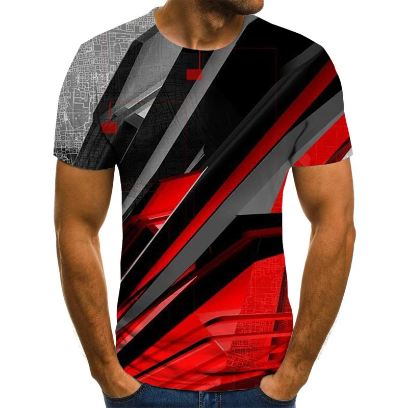 Camiseta con estampado 3D de rayas a cuadros estéreo para hombre, cuello redondo, moda informal, manga corta, Hip-Hop, calle, Tops de gran tamaño,