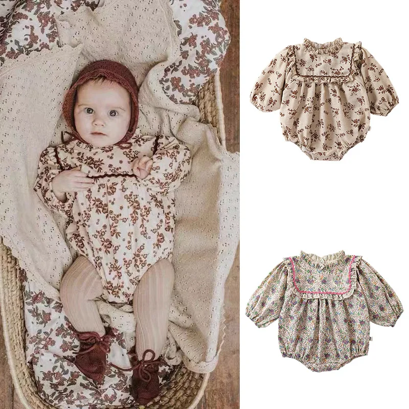 

Spring Autumn Ins Infant Girls Jumpsuit Lace Collar Floral Fragment Long Sleeve Exterior Newborn Girls Romper Baby Girl Bodysuit