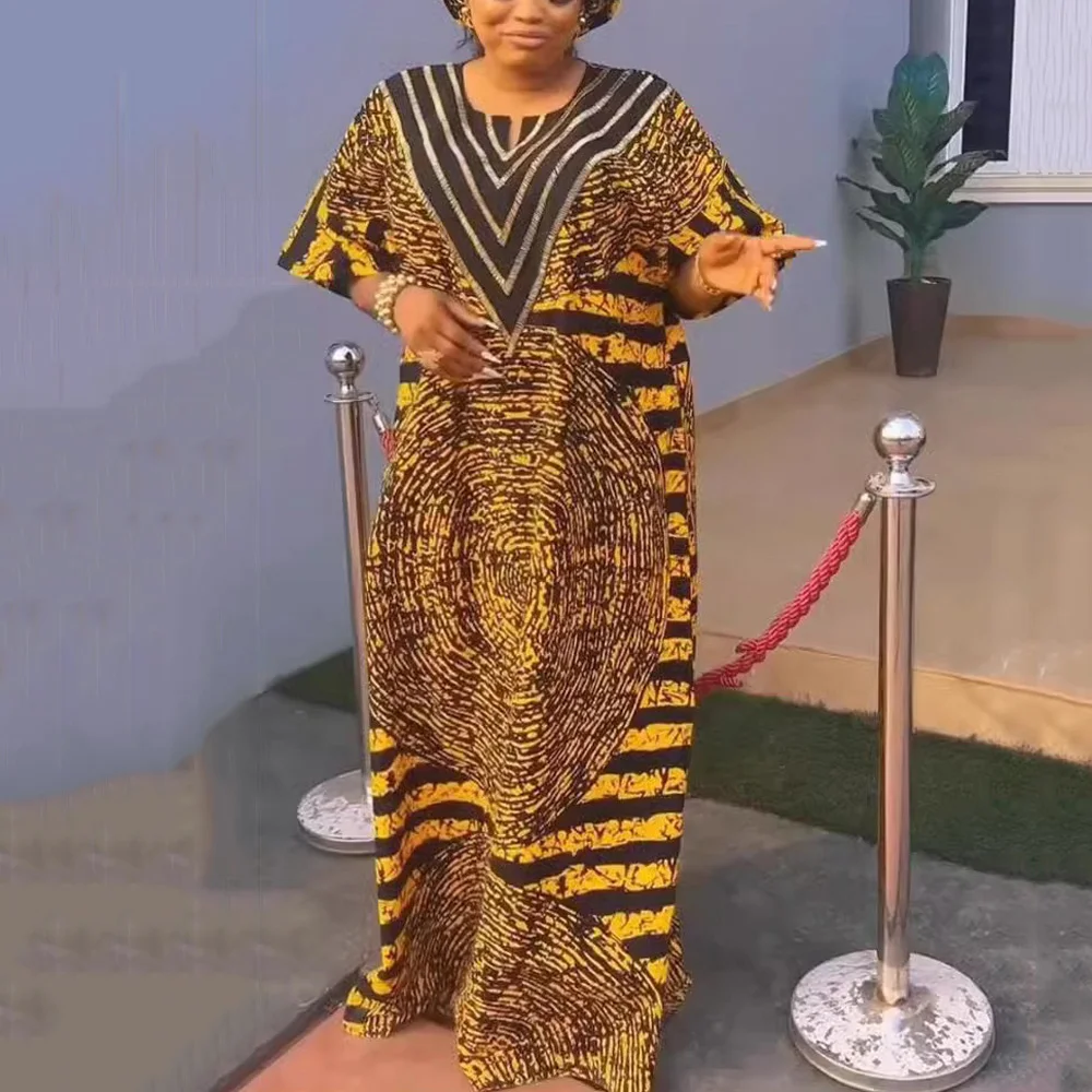 

Elegant African Dresses for Woman Yellow Printed V Neck Short Sleeve Loose Straight Floor Length Luxury Birthday Party Dress New